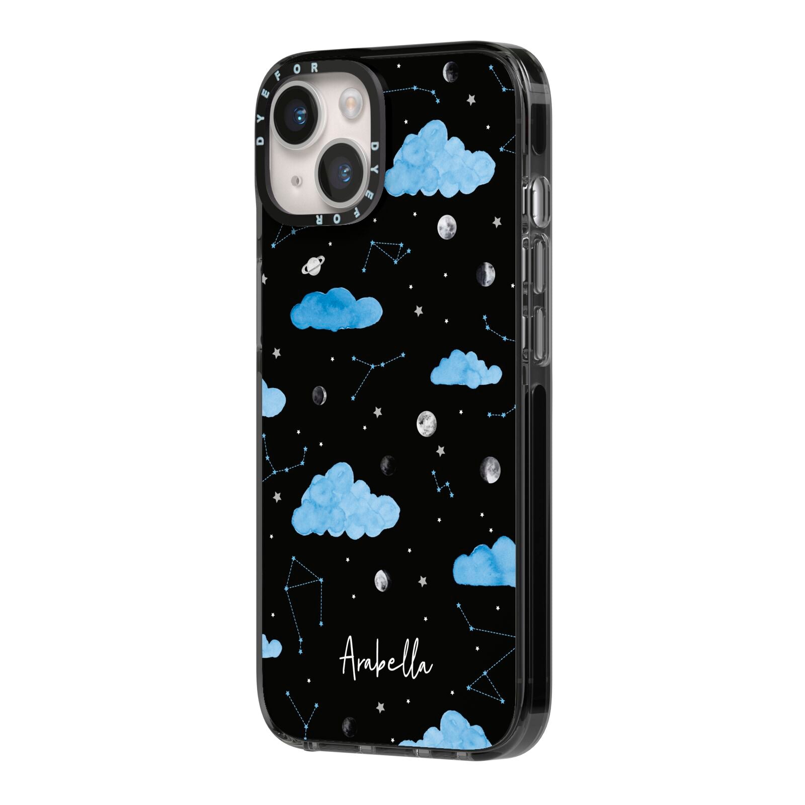 Cloudy Night Sky with Name iPhone 14 Black Impact Case Side Angle on Silver phone