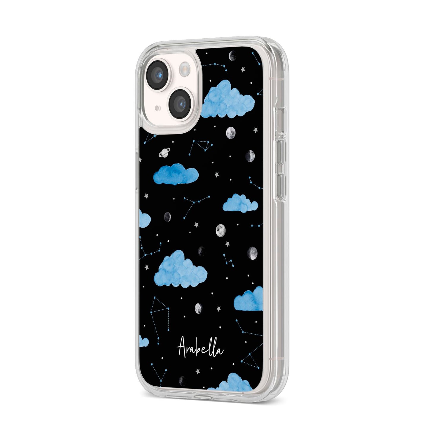 Cloudy Night Sky with Name iPhone 14 Clear Tough Case Starlight Angled Image