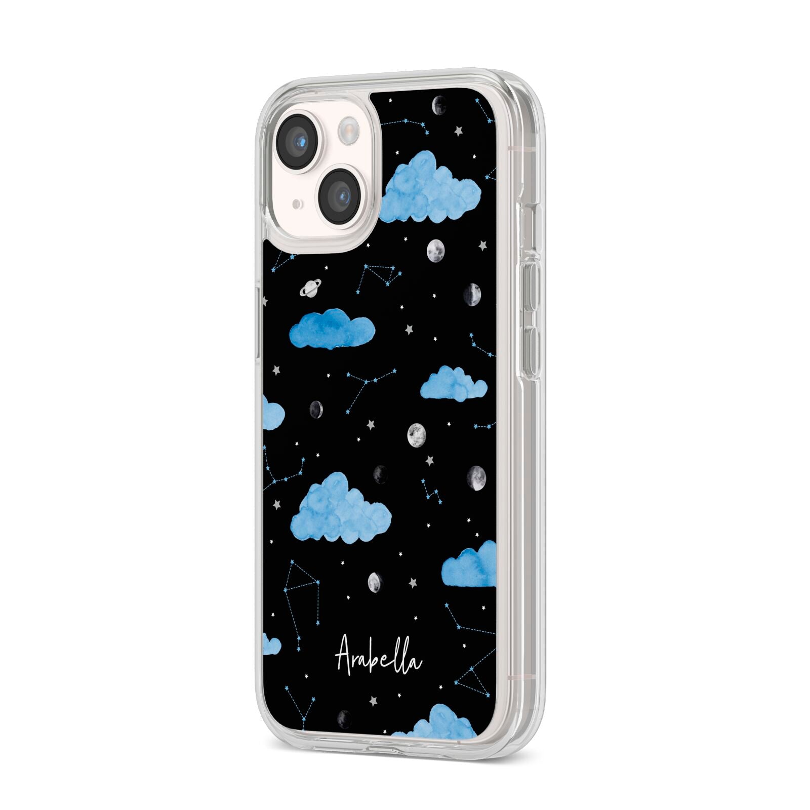 Cloudy Night Sky with Name iPhone 14 Clear Tough Case Starlight Angled Image