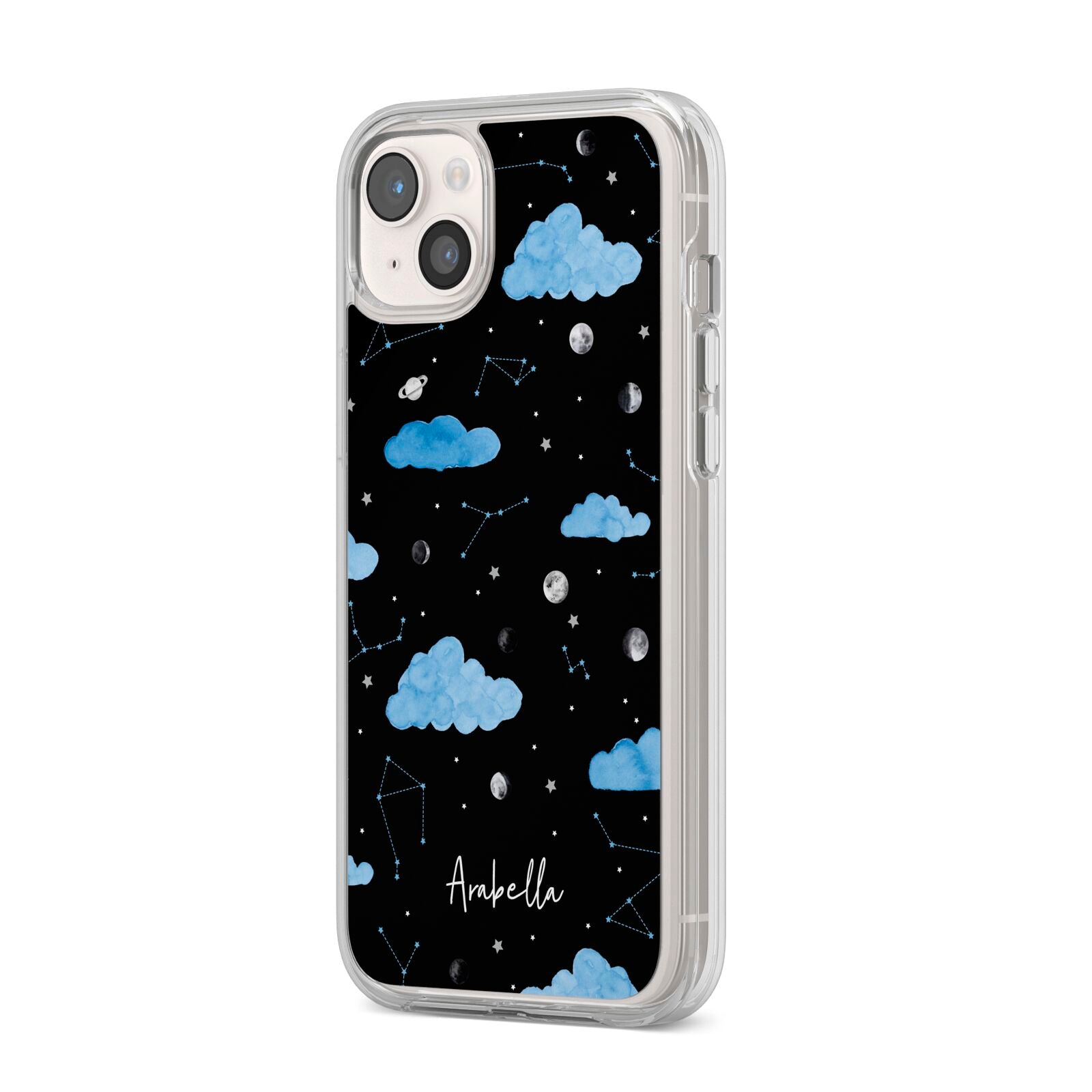 Cloudy Night Sky with Name iPhone 14 Plus Clear Tough Case Starlight Angled Image