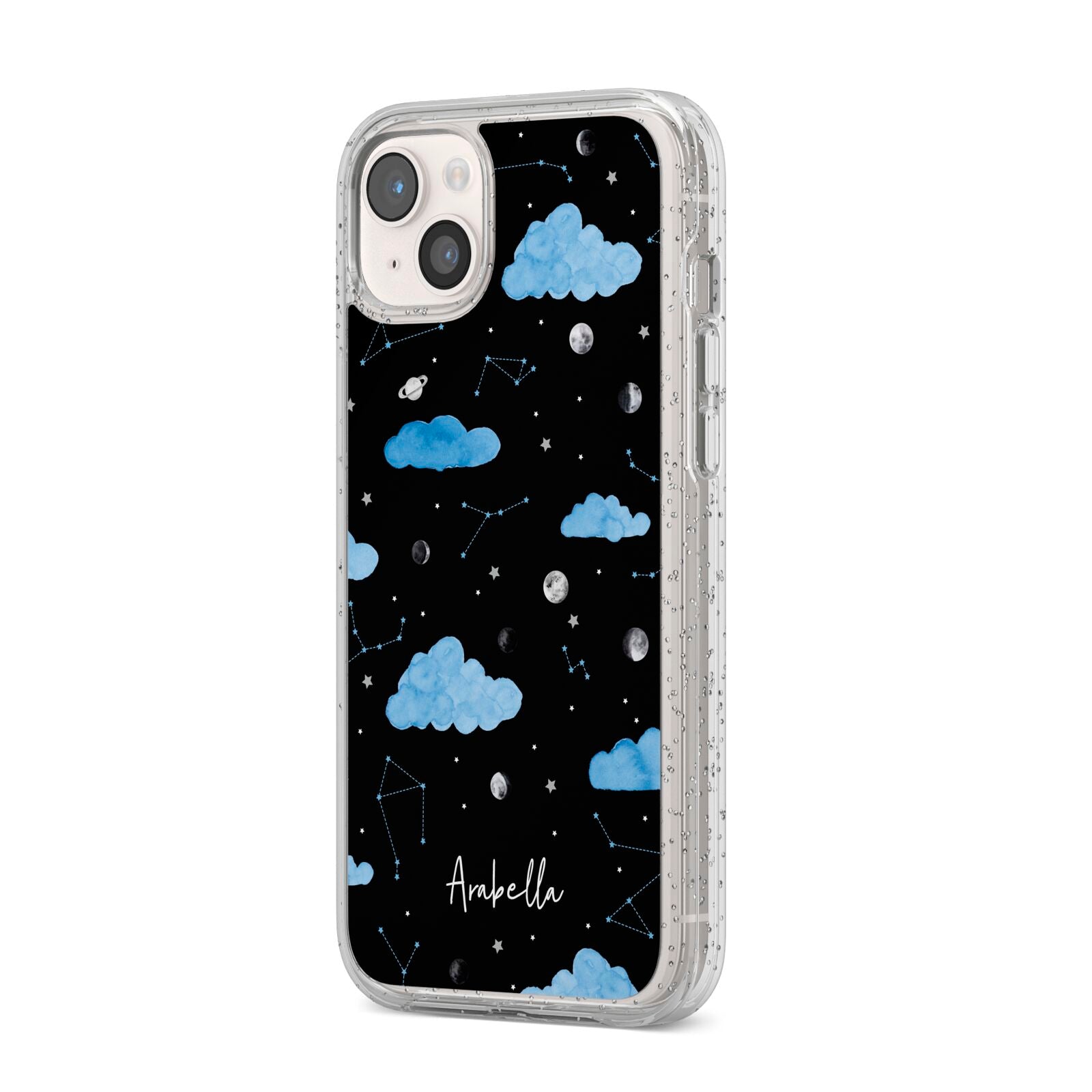 Cloudy Night Sky with Name iPhone 14 Plus Glitter Tough Case Starlight Angled Image