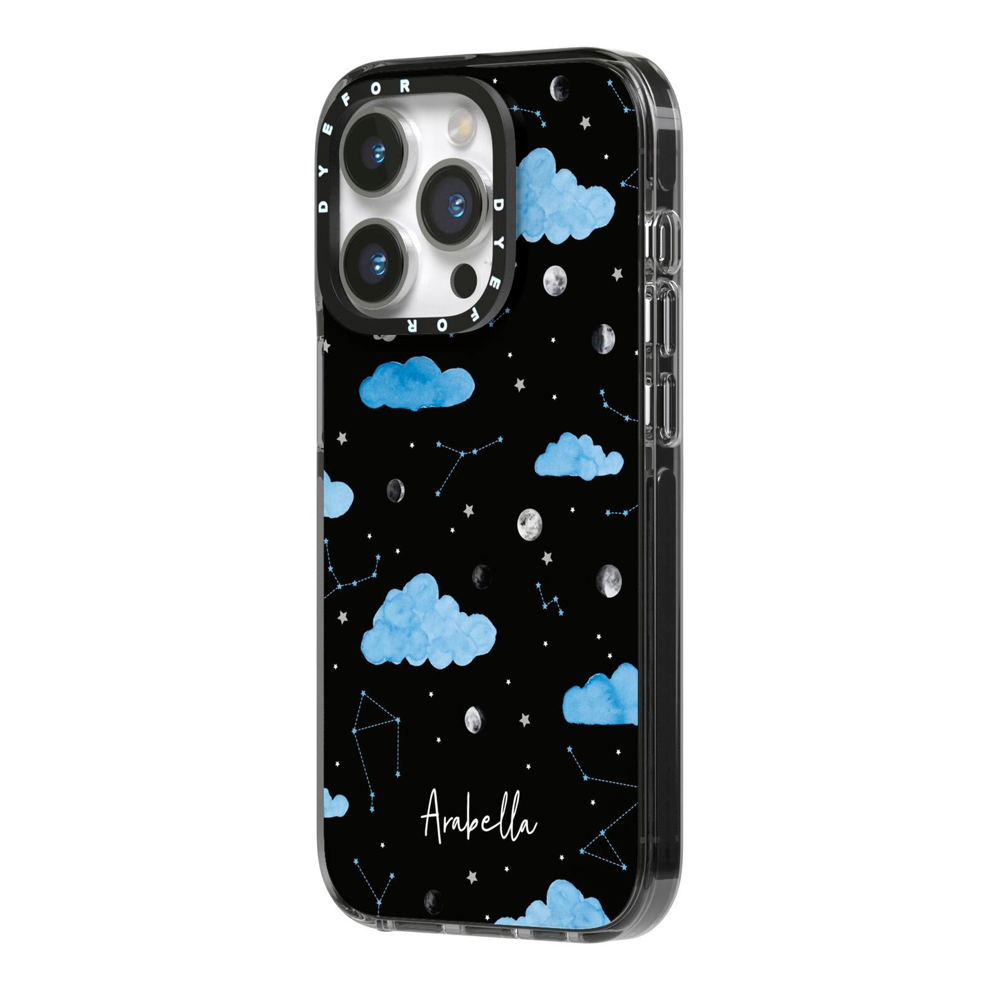 Cloudy Night Sky with Name iPhone 14 Pro Black Impact Case Side Angle on Silver phone