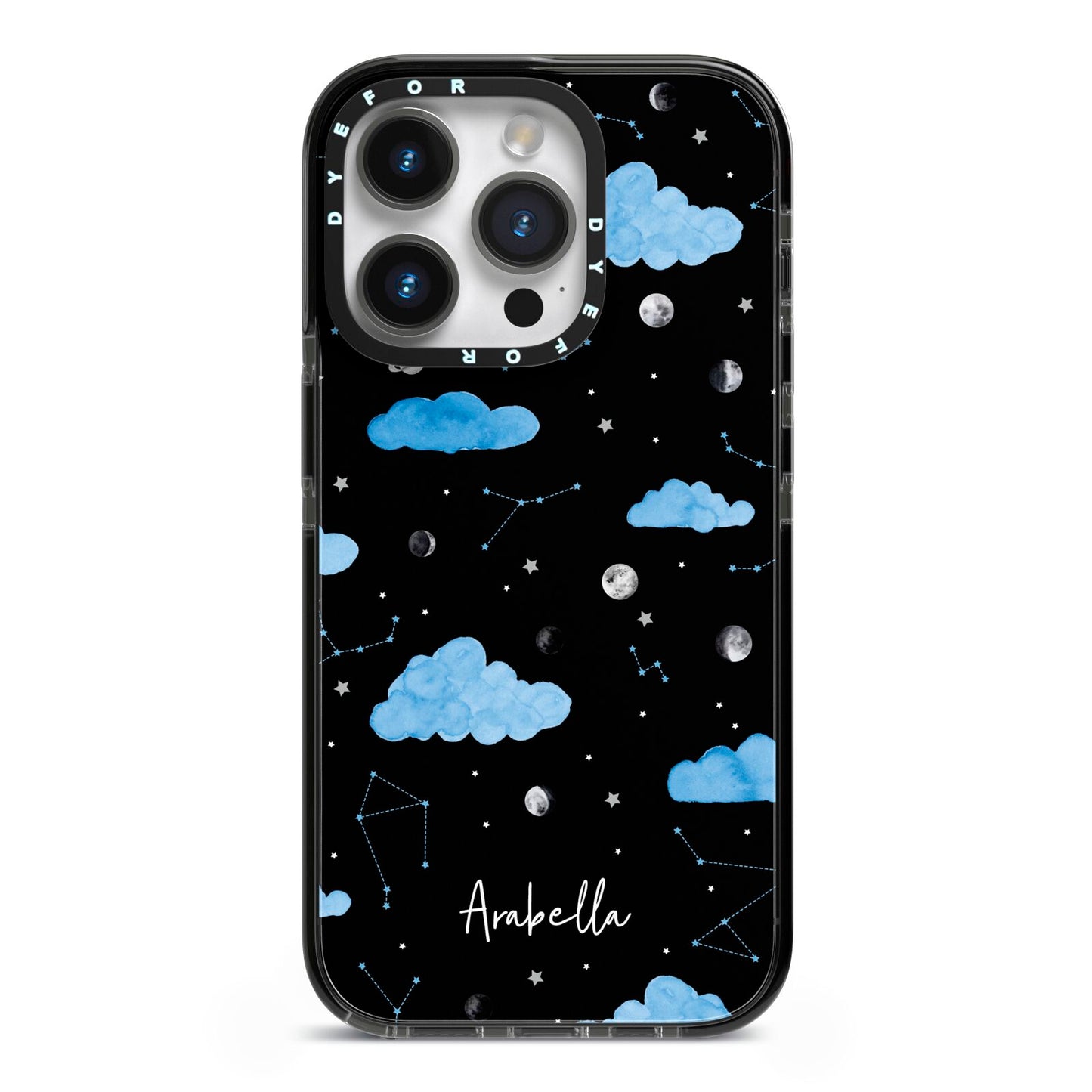 Cloudy Night Sky with Name iPhone 14 Pro Black Impact Case on Silver phone