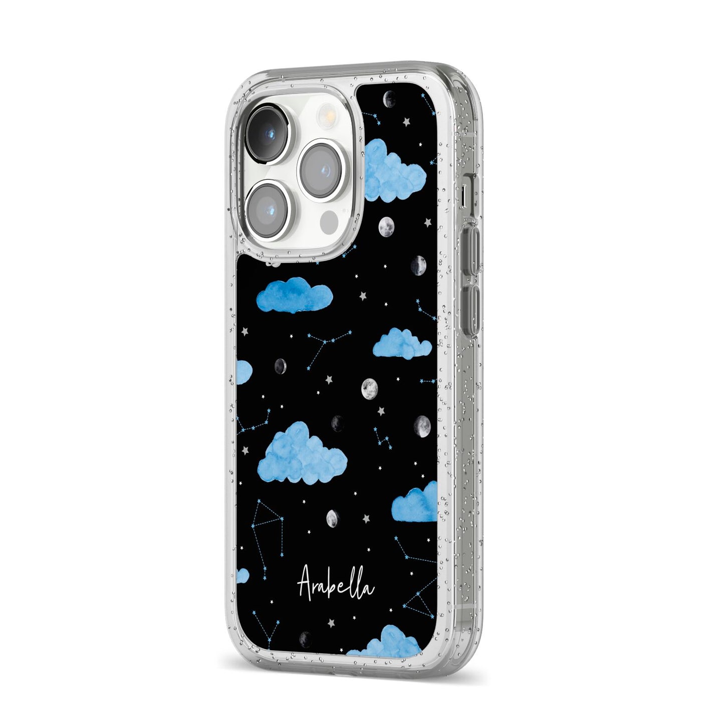 Cloudy Night Sky with Name iPhone 14 Pro Glitter Tough Case Silver Angled Image