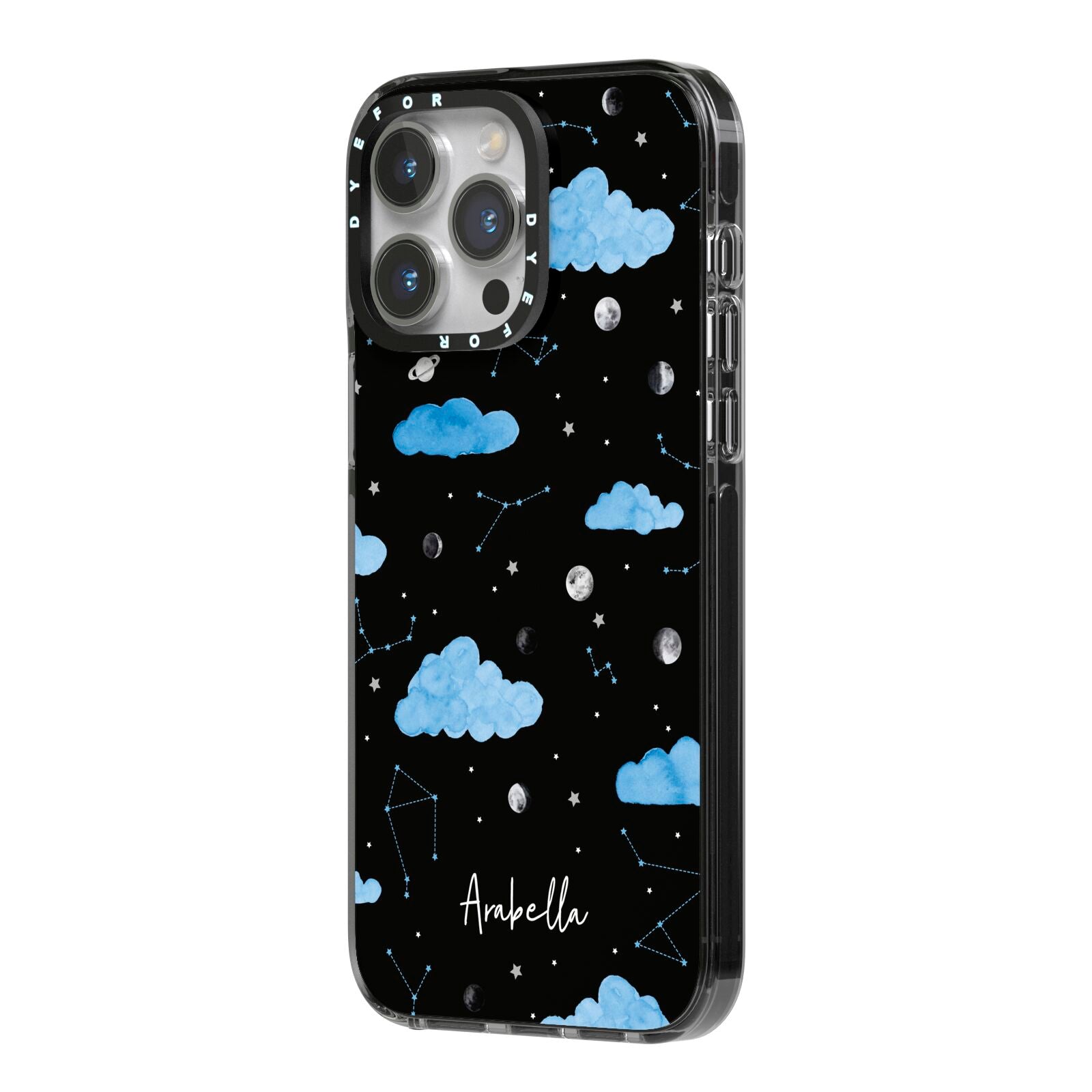 Cloudy Night Sky with Name iPhone 14 Pro Max Black Impact Case Side Angle on Silver phone