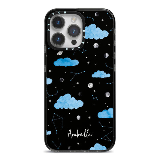Cloudy Night Sky with Name iPhone 14 Pro Max Black Impact Case on Silver phone