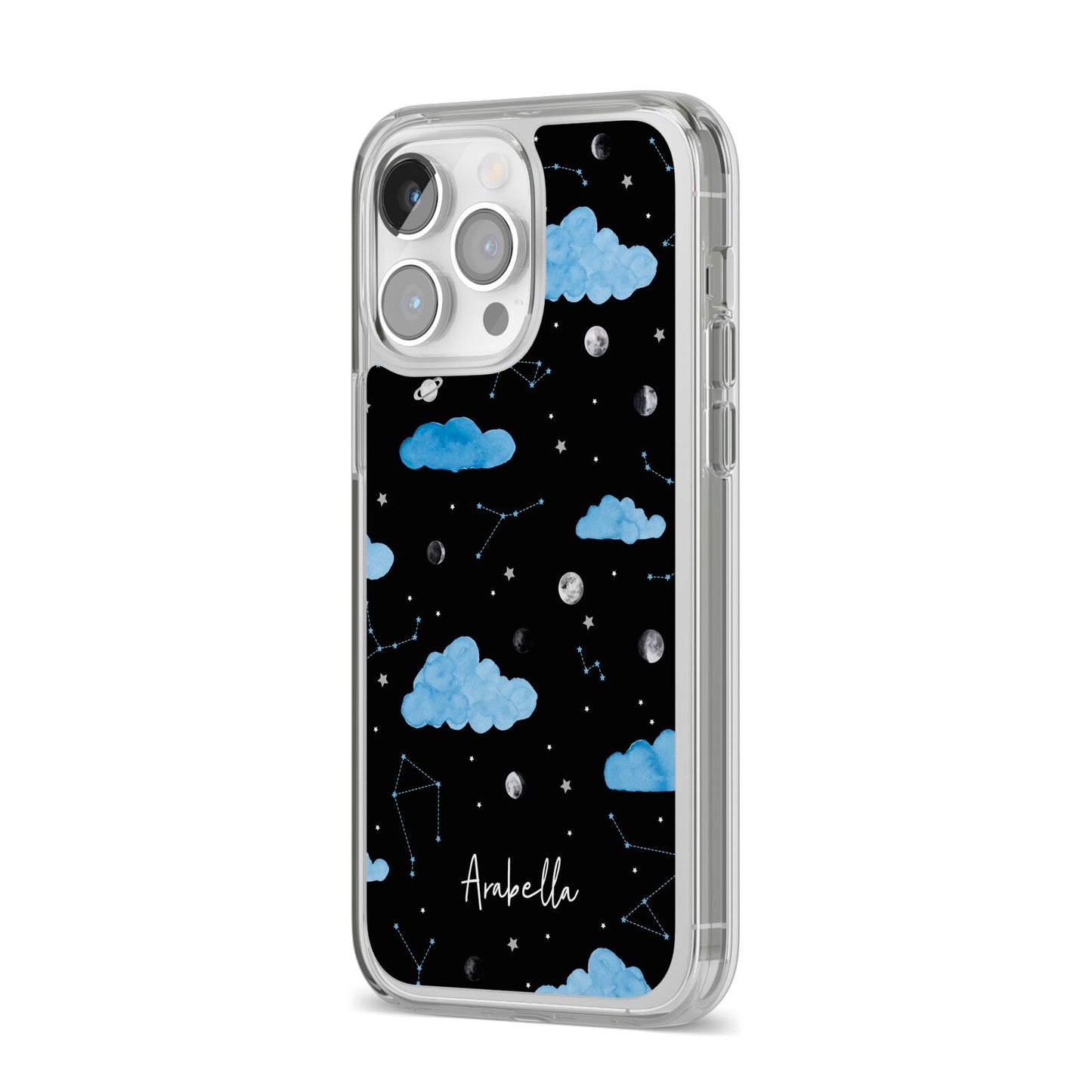 Cloudy Night Sky with Name iPhone 14 Pro Max Clear Tough Case Silver Angled Image