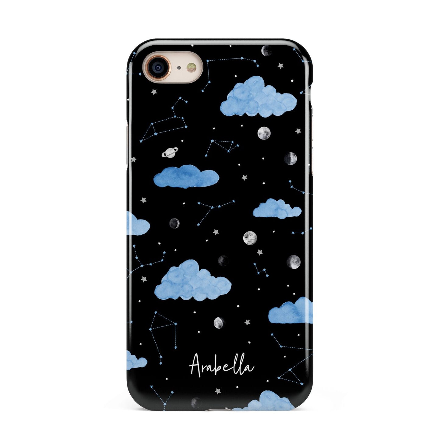 Cloudy Night Sky with Name iPhone 8 3D Tough Case on Gold Phone