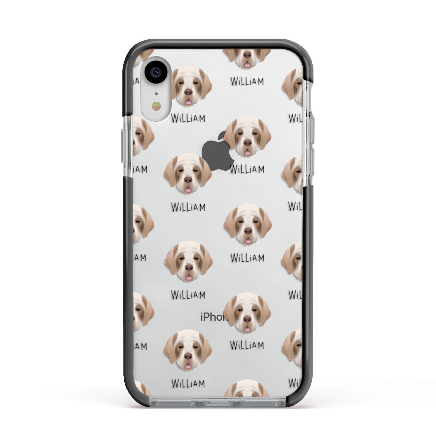 Clumber Spaniel Icon with Name Apple iPhone XR Impact Case Black Edge on Silver Phone