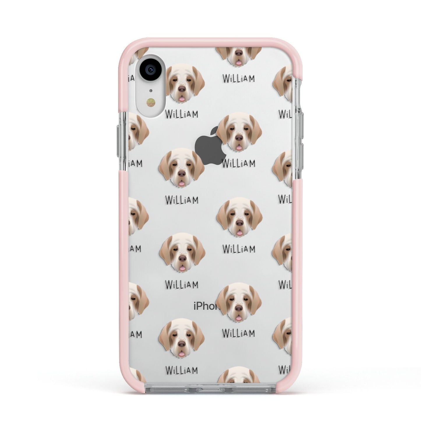 Clumber Spaniel Icon with Name Apple iPhone XR Impact Case Pink Edge on Silver Phone