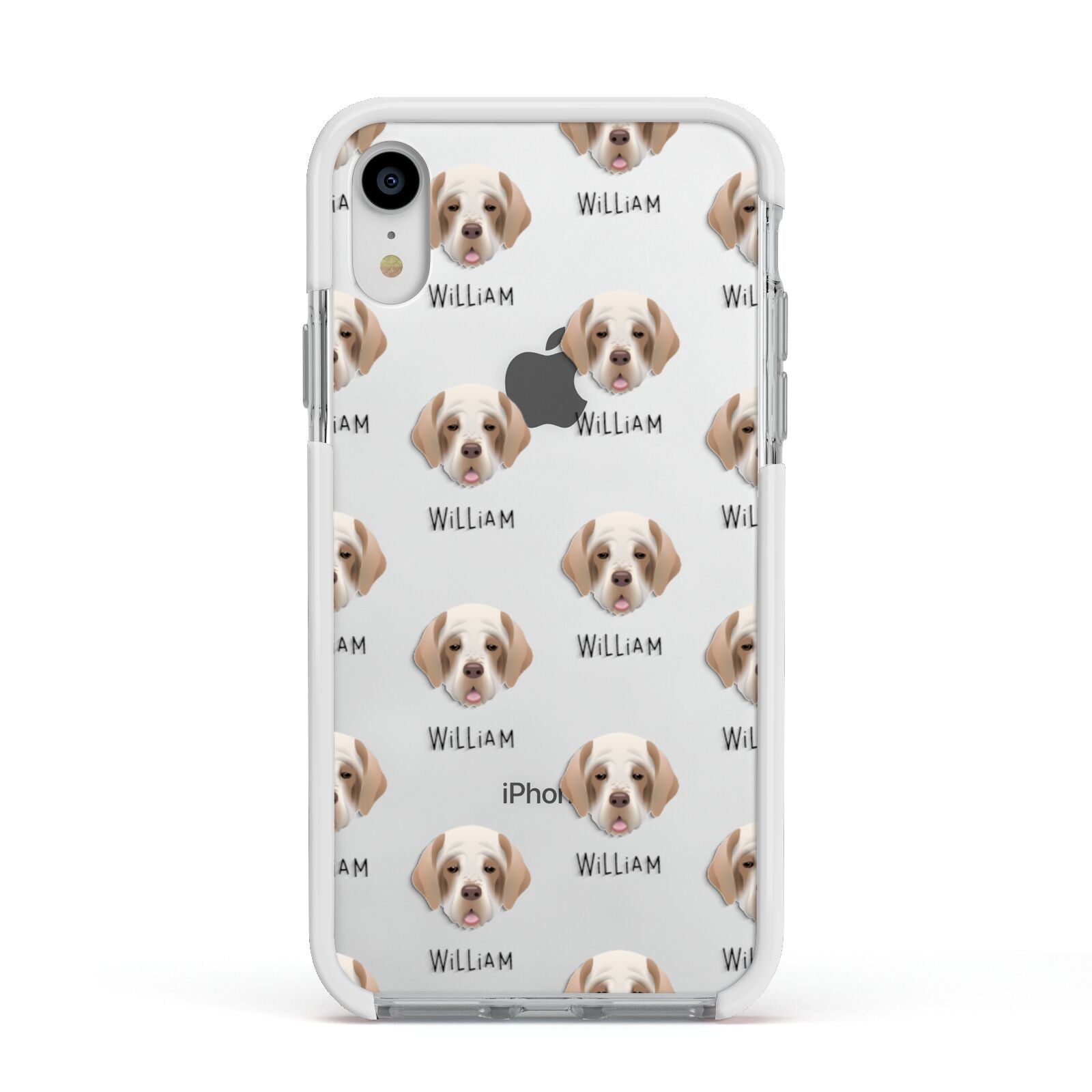 Clumber Spaniel Icon with Name Apple iPhone XR Impact Case White Edge on Silver Phone