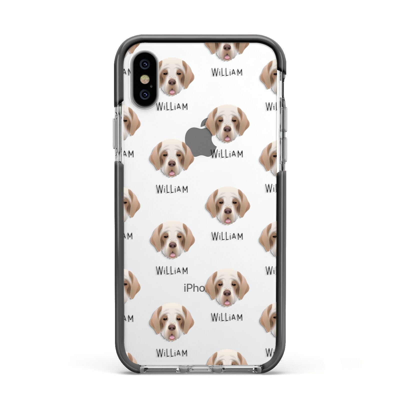 Clumber Spaniel Icon with Name Apple iPhone Xs Impact Case Black Edge on Silver Phone