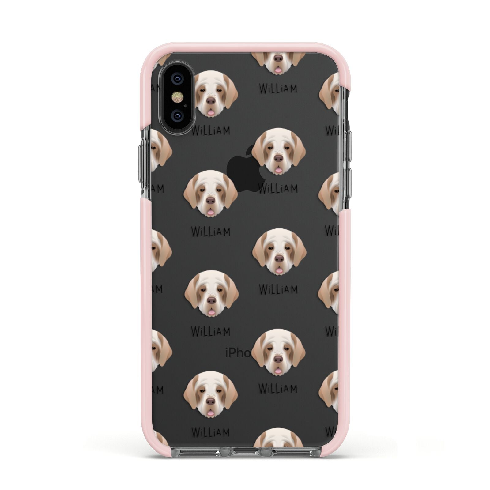Clumber Spaniel Icon with Name Apple iPhone Xs Impact Case Pink Edge on Black Phone