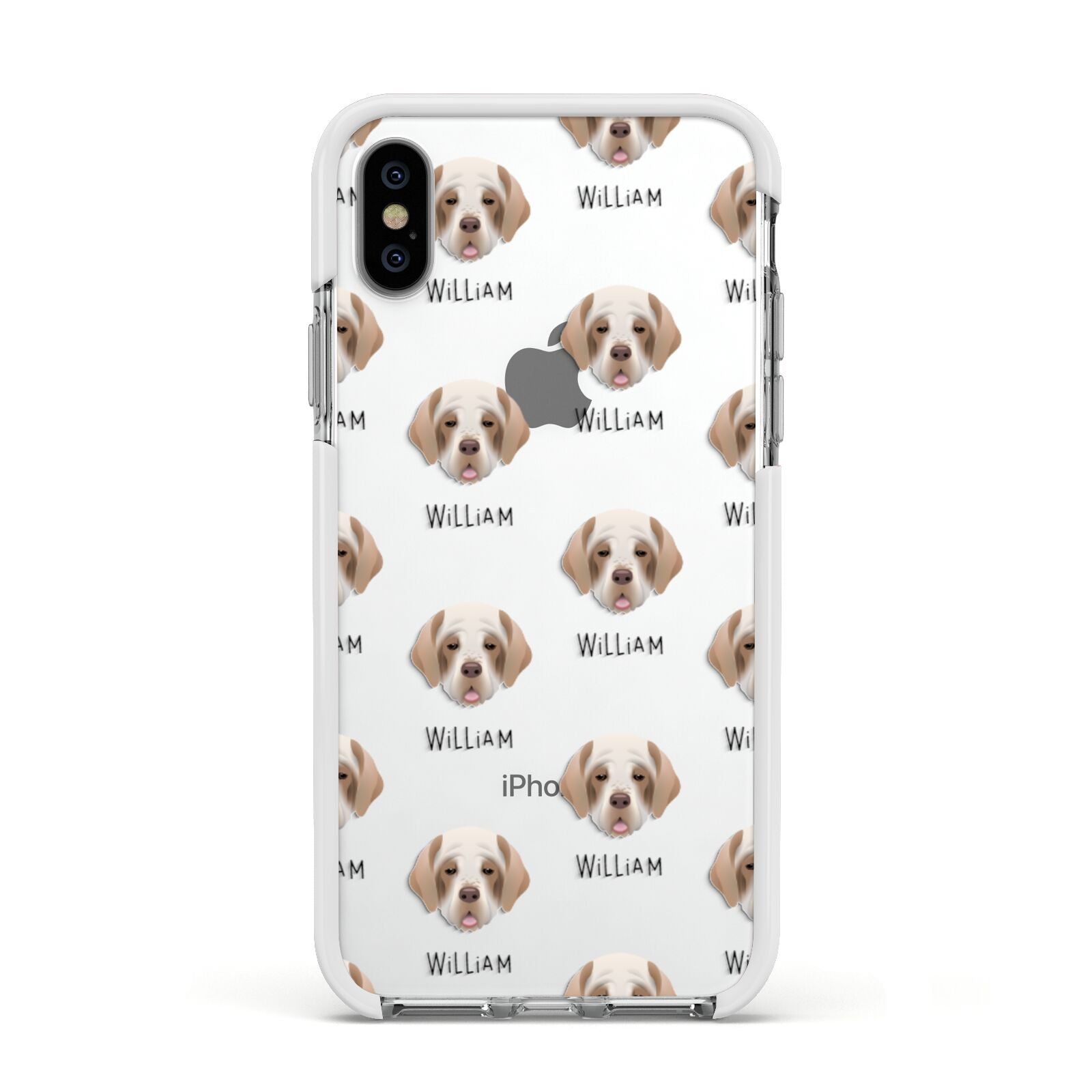 Clumber Spaniel Icon with Name Apple iPhone Xs Impact Case White Edge on Silver Phone