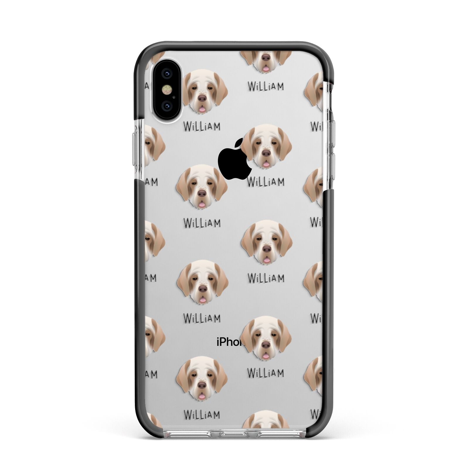 Clumber Spaniel Icon with Name Apple iPhone Xs Max Impact Case Black Edge on Silver Phone