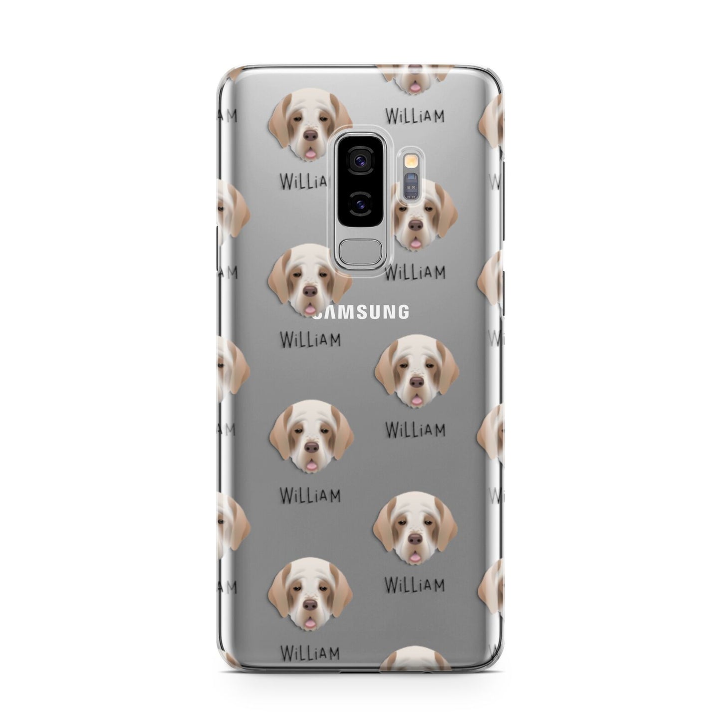 Clumber Spaniel Icon with Name Samsung Galaxy S9 Plus Case on Silver phone