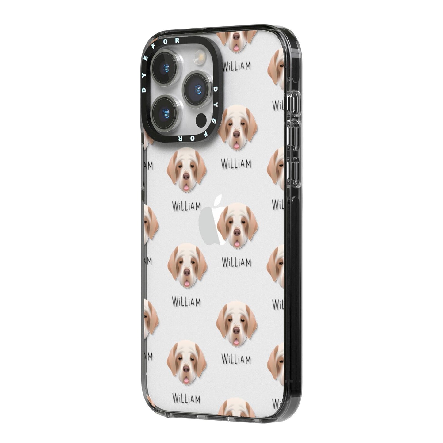 Clumber Spaniel Icon with Name iPhone 14 Pro Max Black Impact Case Side Angle on Silver phone