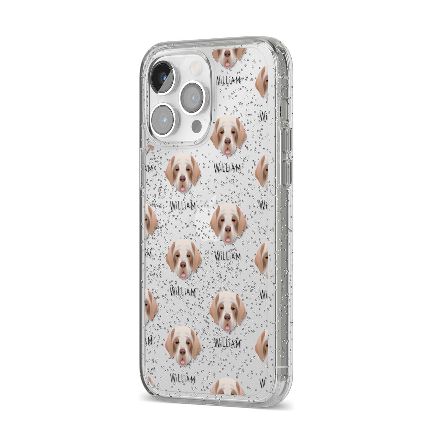 Clumber Spaniel Icon with Name iPhone 14 Pro Max Glitter Tough Case Silver Angled Image