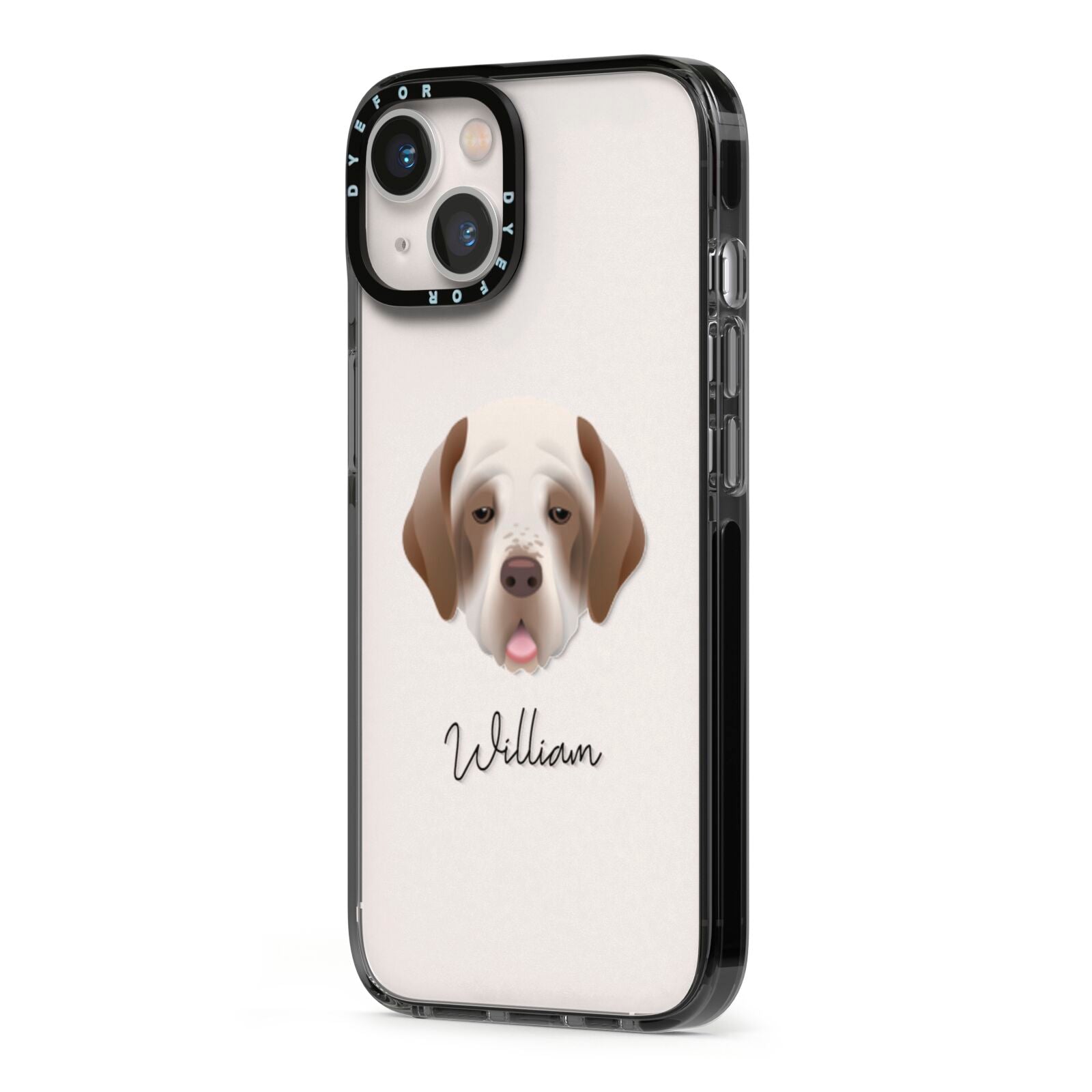 Clumber Spaniel Personalised iPhone 13 Black Impact Case Side Angle on Silver phone