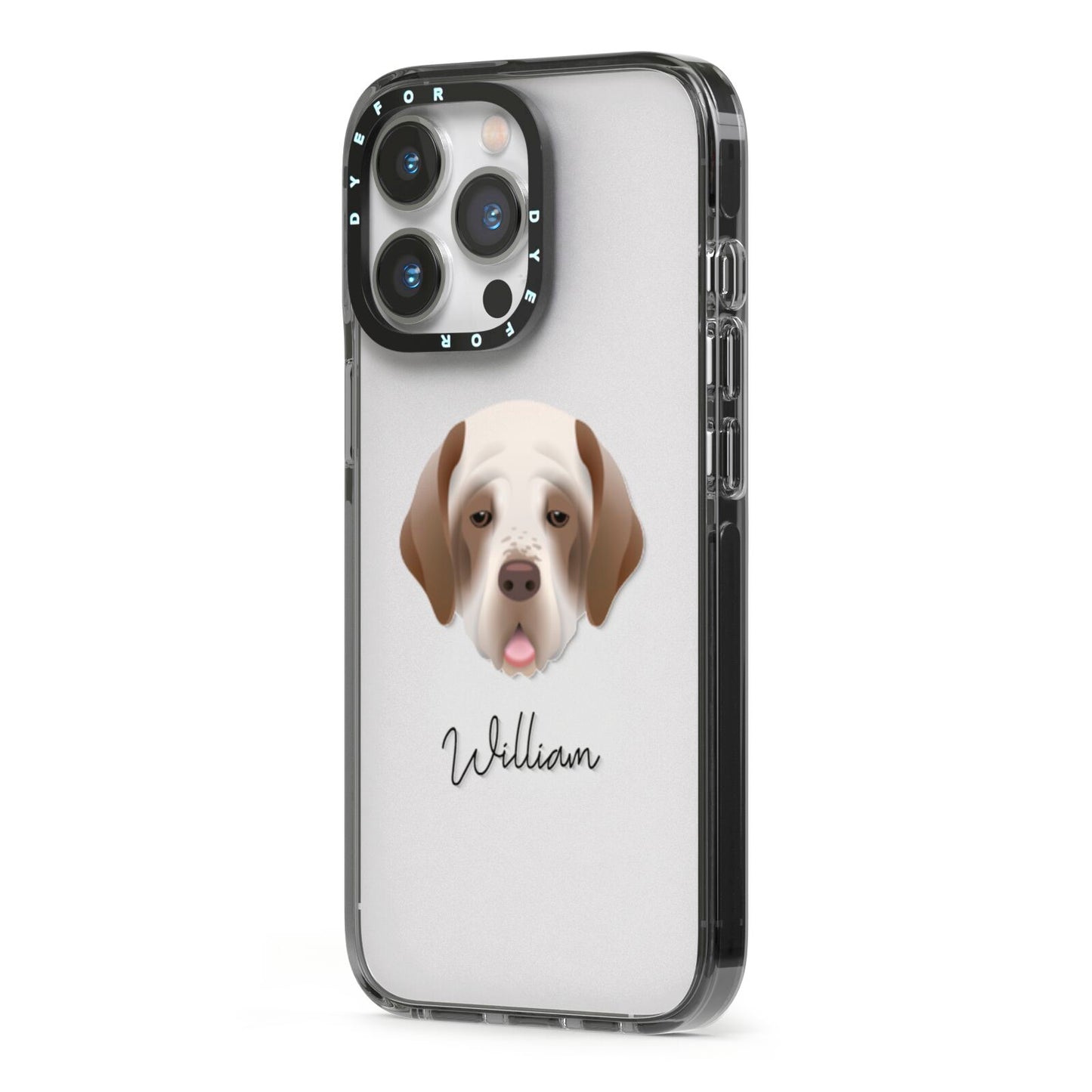Clumber Spaniel Personalised iPhone 13 Pro Black Impact Case Side Angle on Silver phone