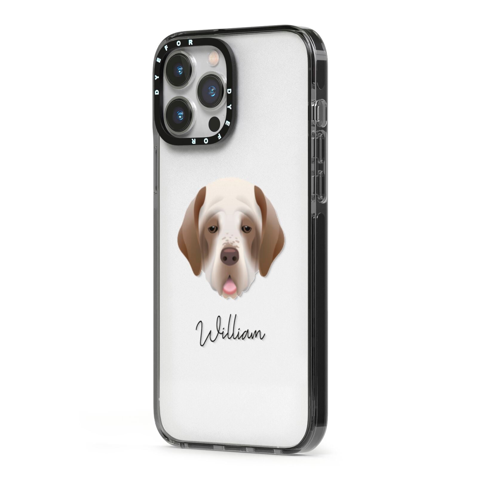 Clumber Spaniel Personalised iPhone 13 Pro Max Black Impact Case Side Angle on Silver phone