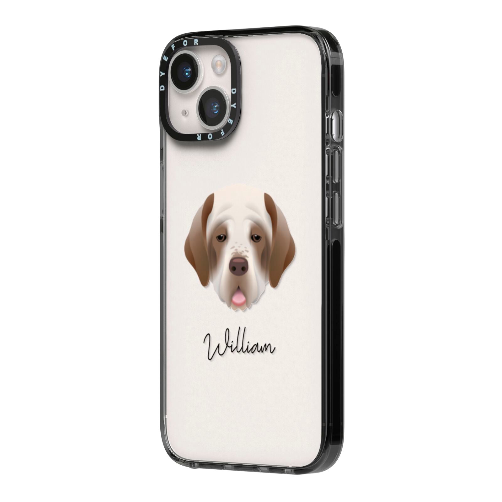 Clumber Spaniel Personalised iPhone 14 Black Impact Case Side Angle on Silver phone