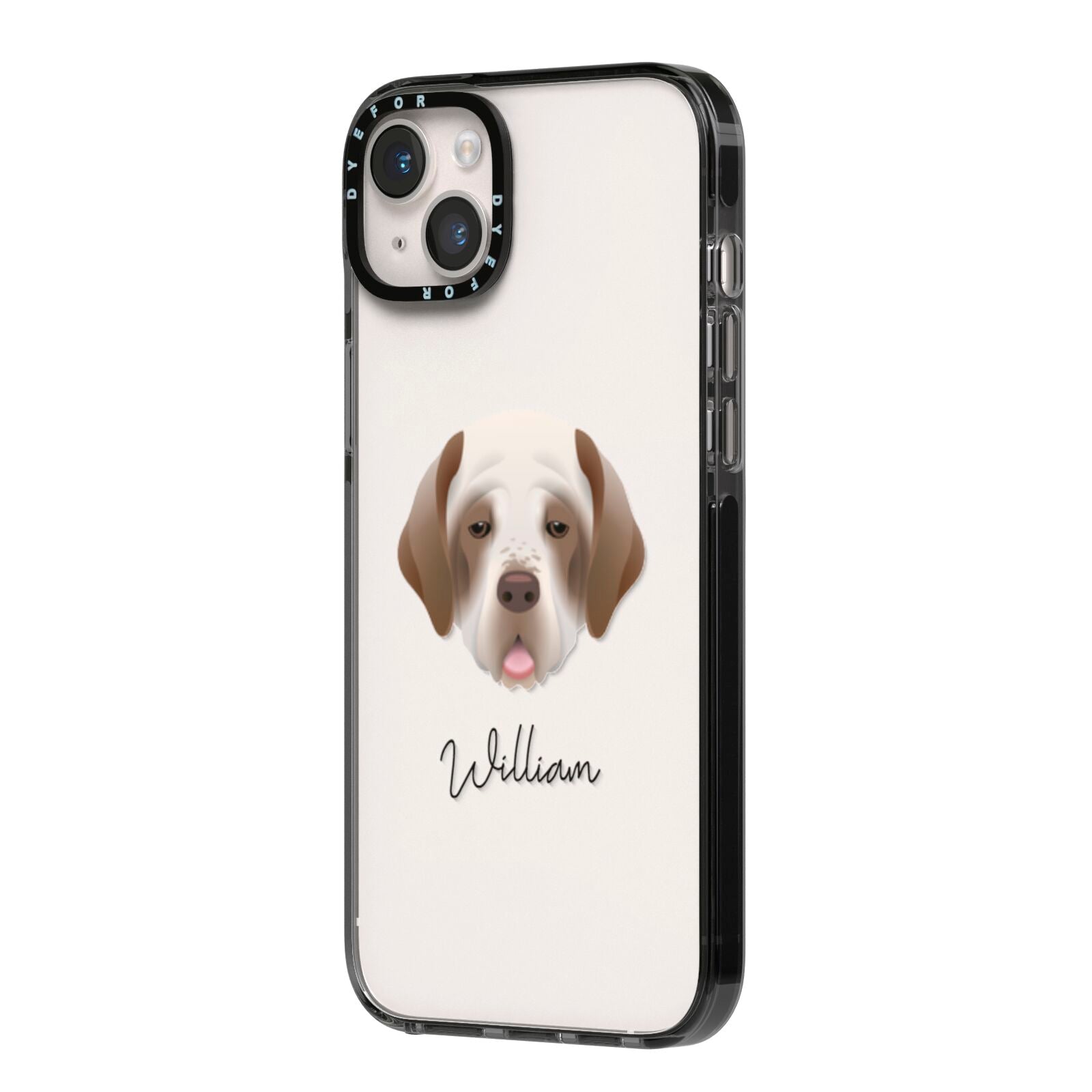 Clumber Spaniel Personalised iPhone 14 Plus Black Impact Case Side Angle on Silver phone