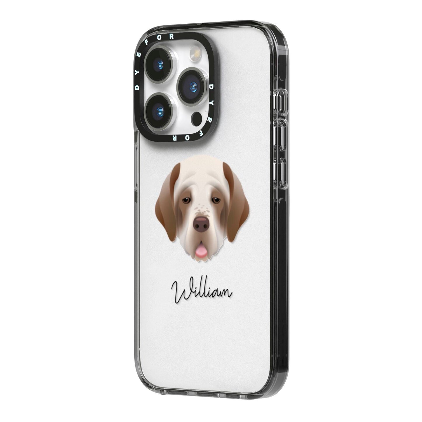 Clumber Spaniel Personalised iPhone 14 Pro Black Impact Case Side Angle on Silver phone
