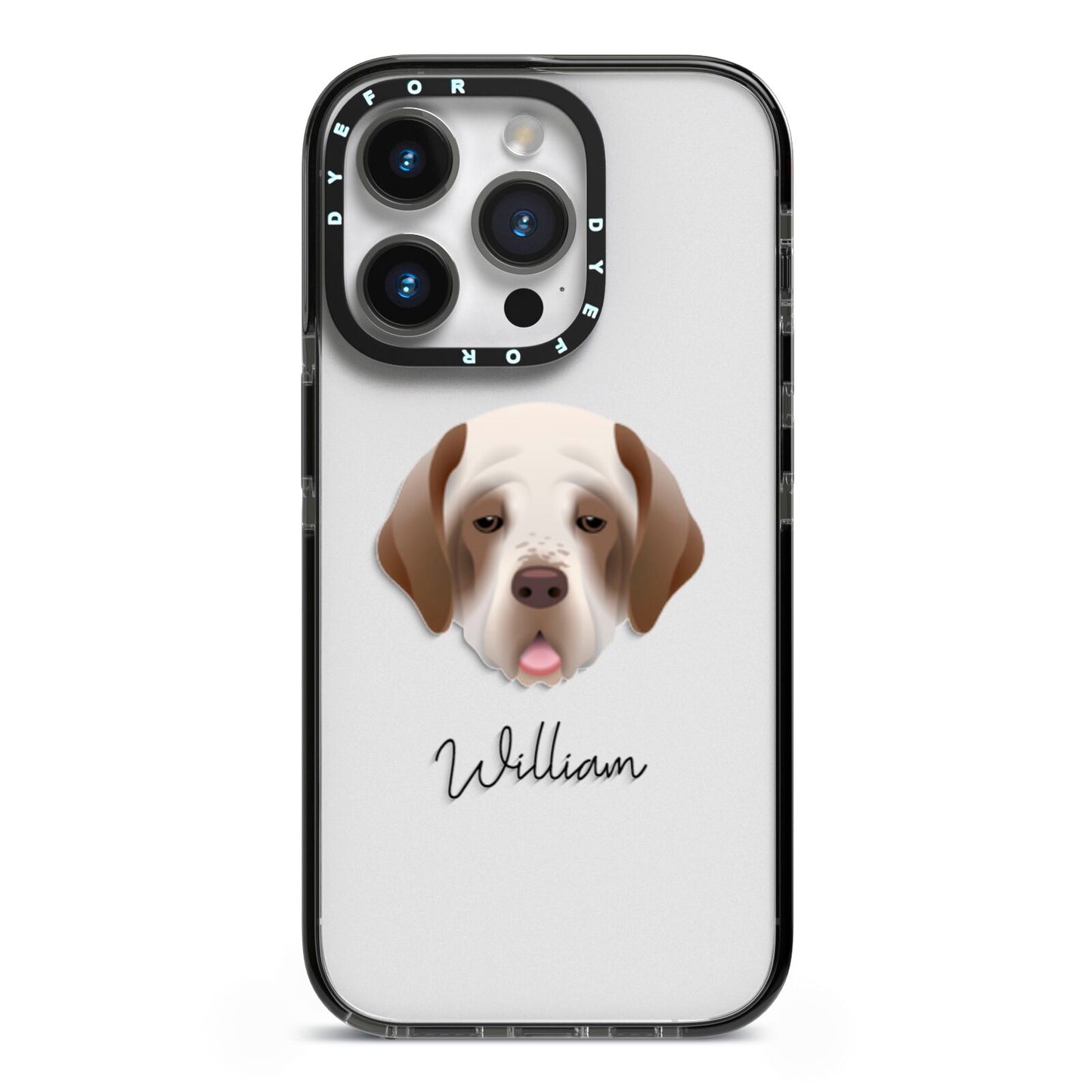 Clumber Spaniel Personalised iPhone 14 Pro Black Impact Case on Silver phone