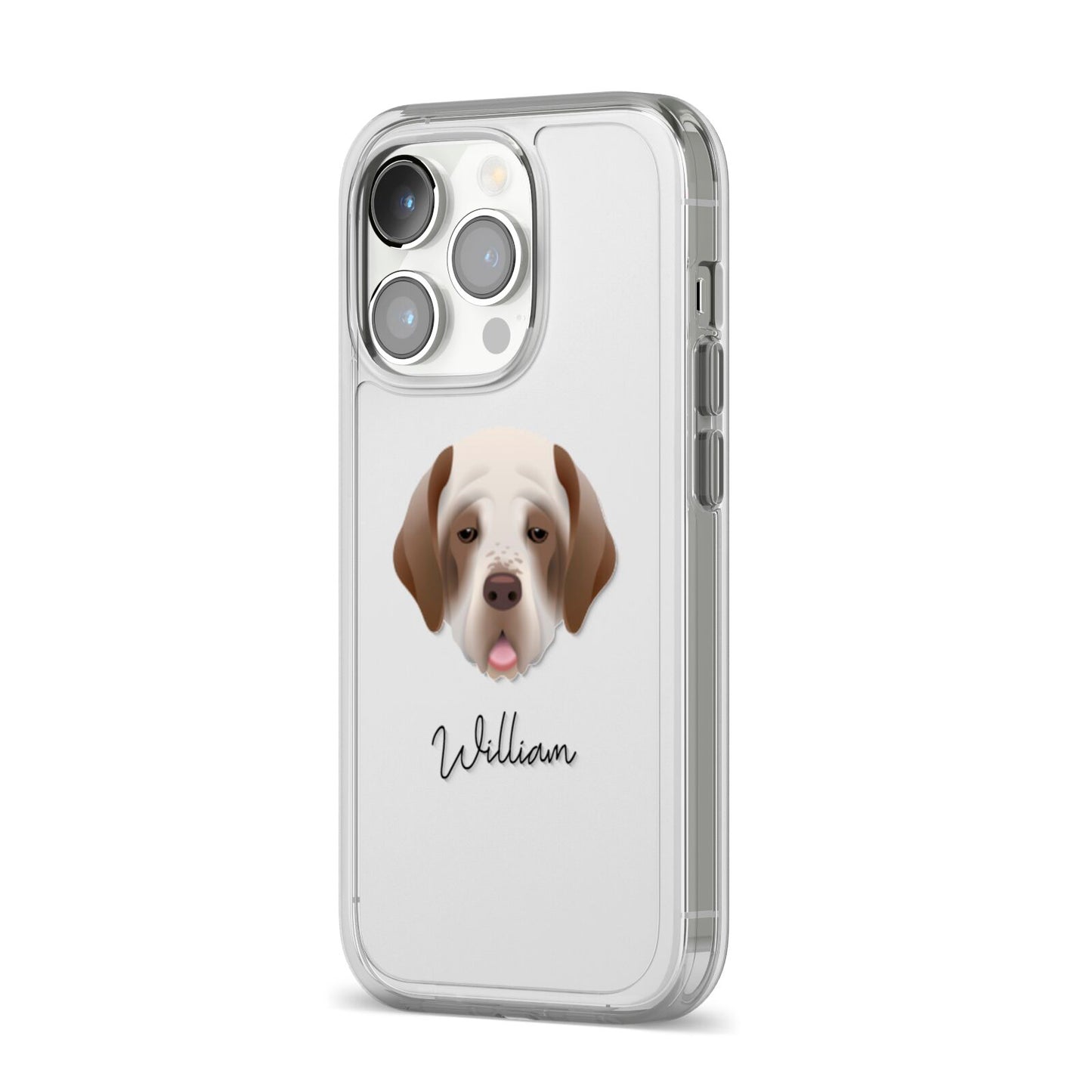 Clumber Spaniel Personalised iPhone 14 Pro Clear Tough Case Silver Angled Image
