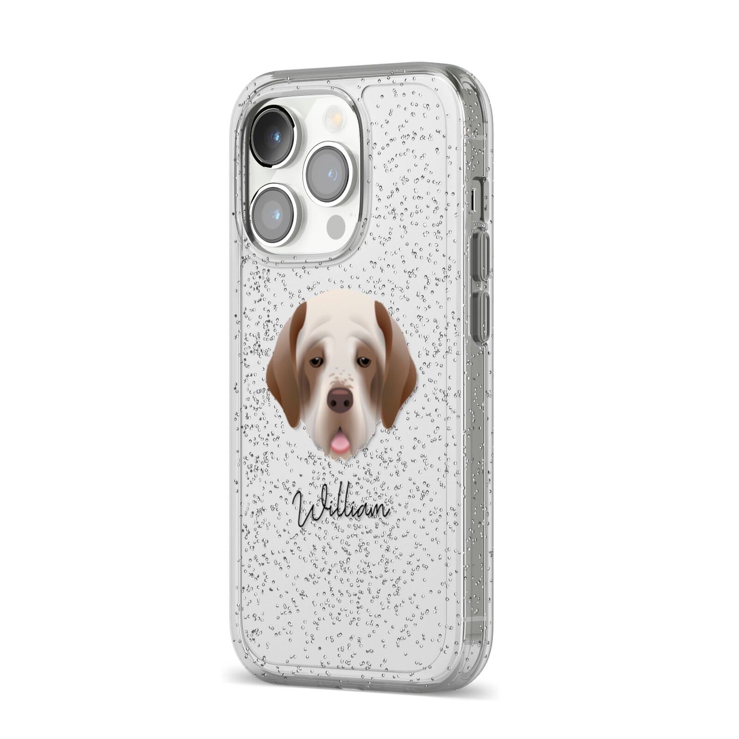 Clumber Spaniel Personalised iPhone 14 Pro Glitter Tough Case Silver Angled Image