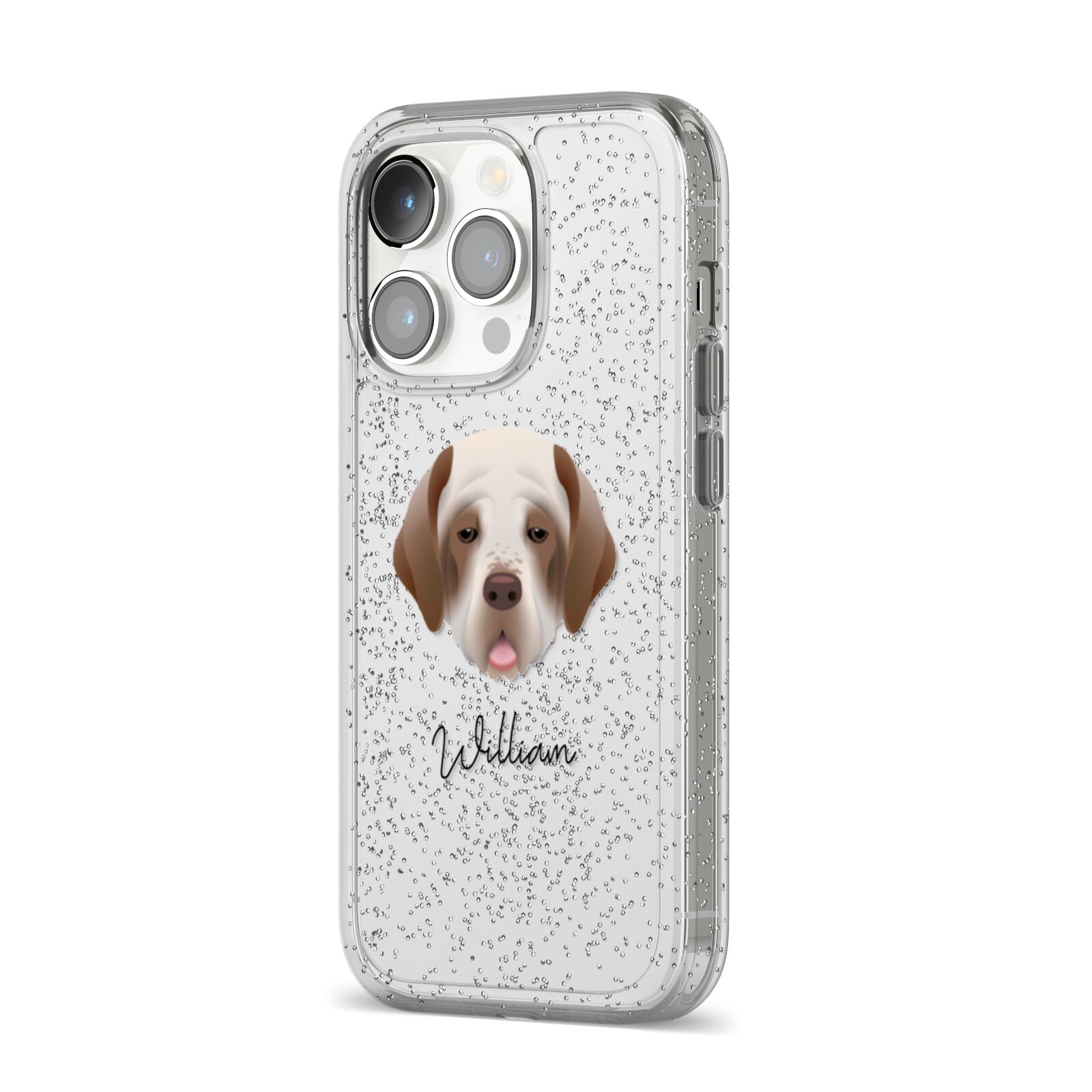 Clumber Spaniel Personalised iPhone 14 Pro Glitter Tough Case Silver Angled Image