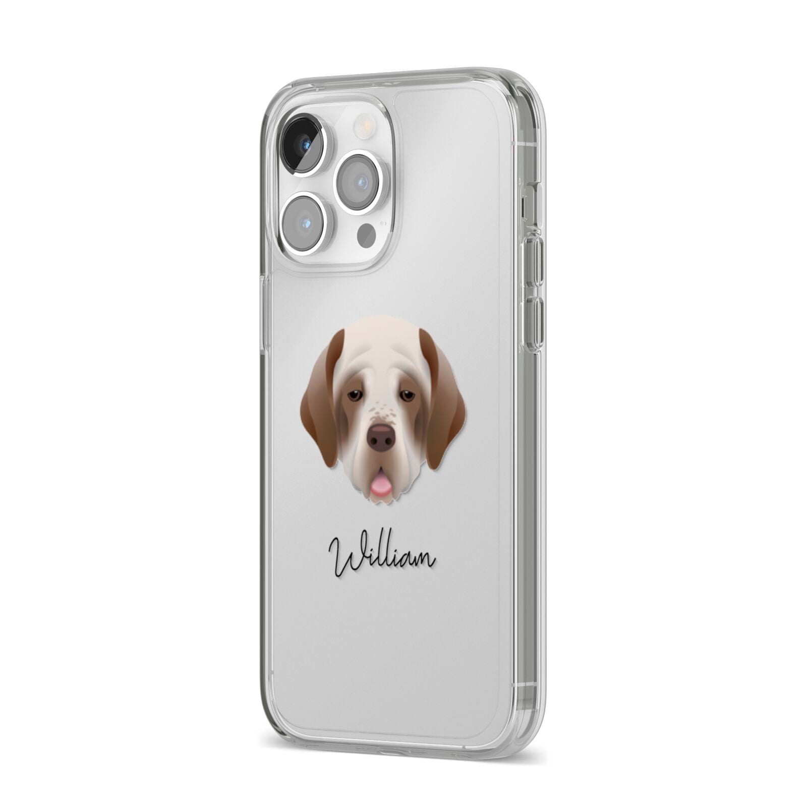 Clumber Spaniel Personalised iPhone 14 Pro Max Clear Tough Case Silver Angled Image