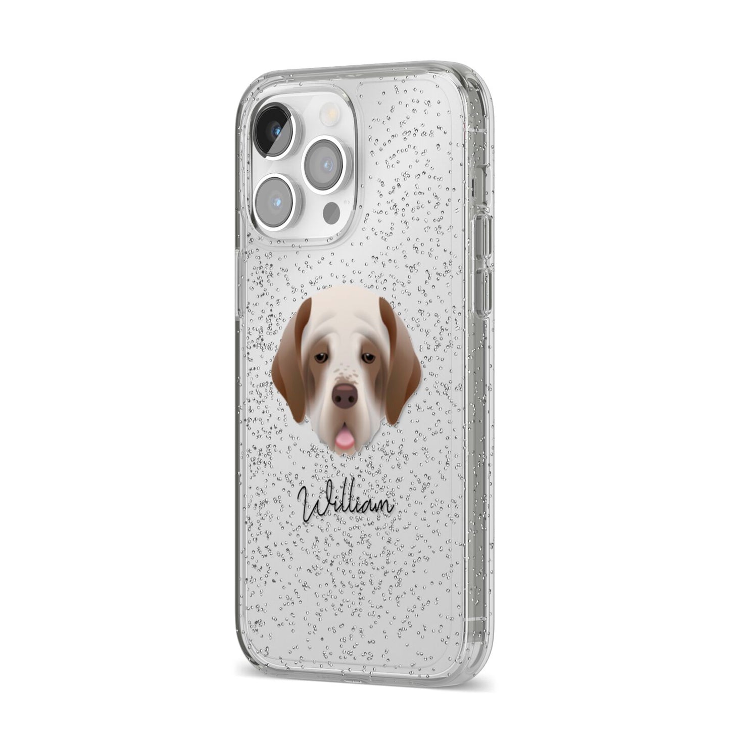 Clumber Spaniel Personalised iPhone 14 Pro Max Glitter Tough Case Silver Angled Image