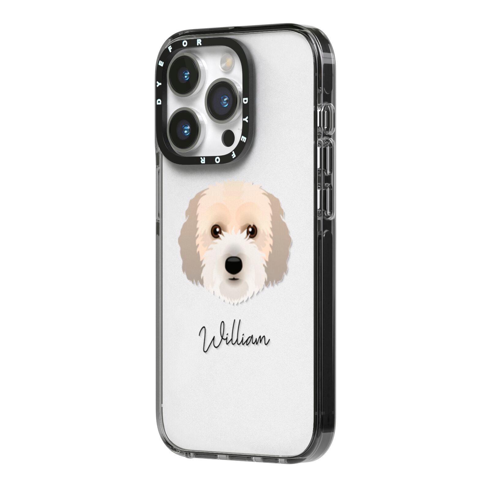 Cockachon Personalised iPhone 14 Pro Black Impact Case Side Angle on Silver phone