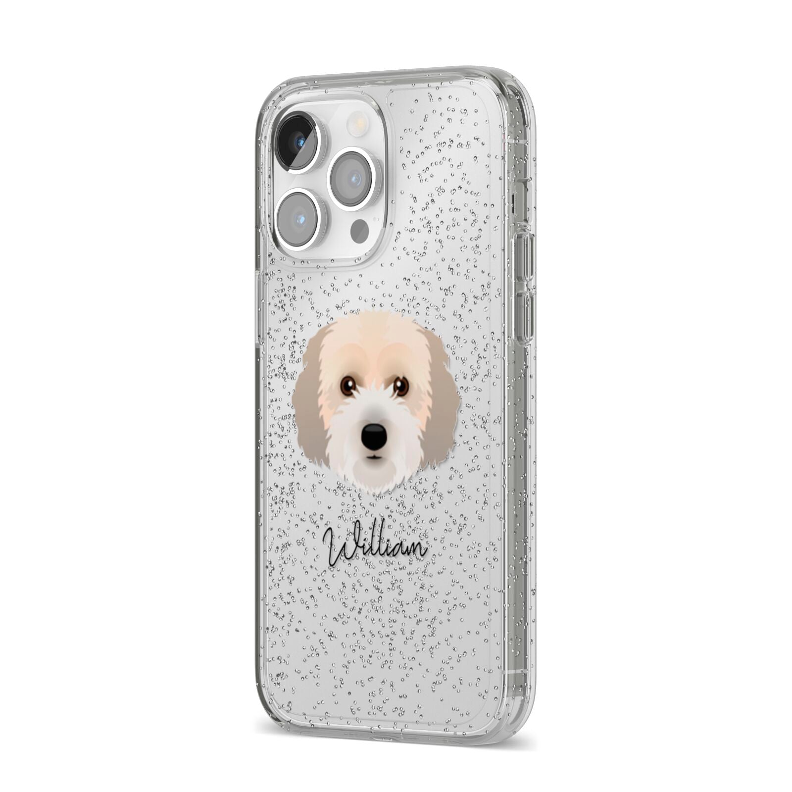 Cockachon Personalised iPhone 14 Pro Max Glitter Tough Case Silver Angled Image