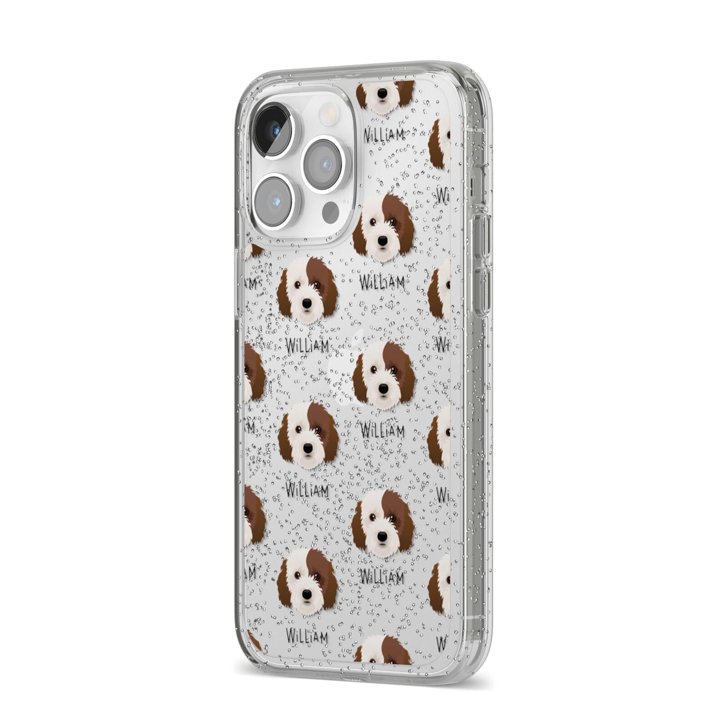 Cockapoo Icon with Name iPhone 14 Pro Max Glitter Tough Case Silver Angled Image
