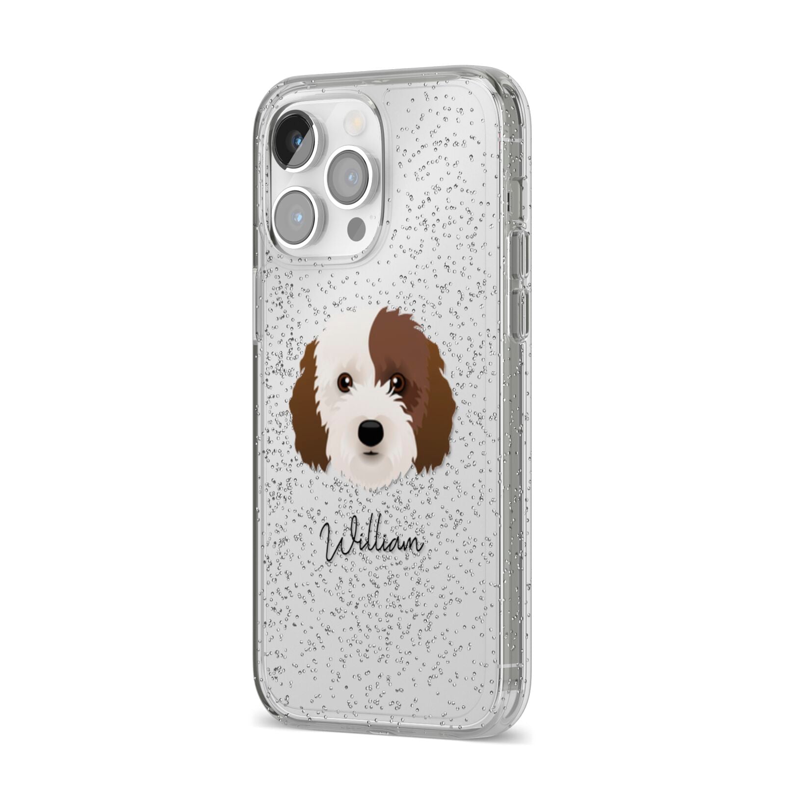 Cockapoo Personalised iPhone 14 Pro Max Glitter Tough Case Silver Angled Image