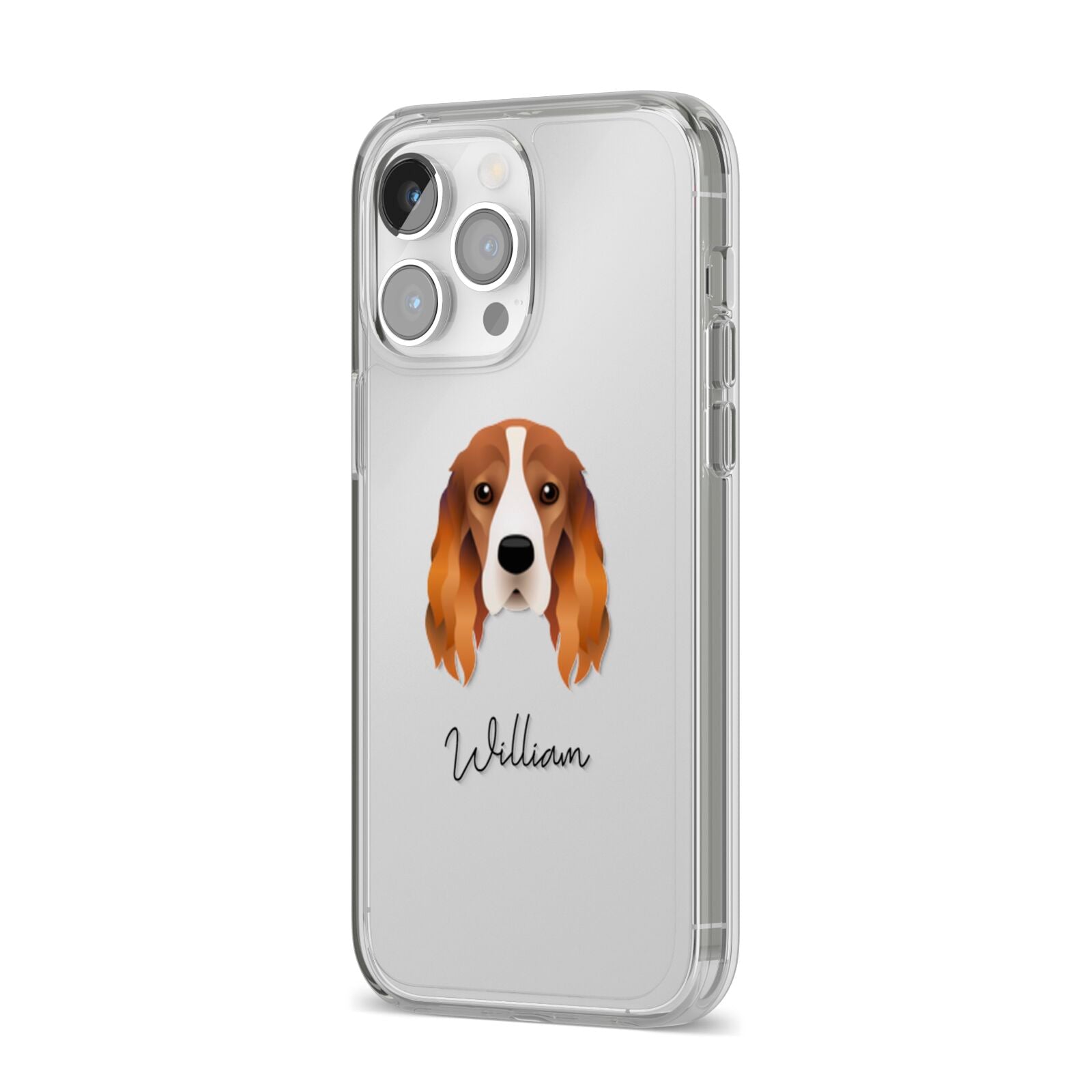 Cocker Spaniel Personalised iPhone 14 Pro Max Clear Tough Case Silver Angled Image