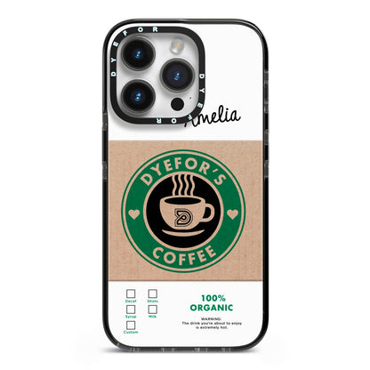 Coffee Cup Personalised iPhone 14 Pro Black Impact Case on Silver phone