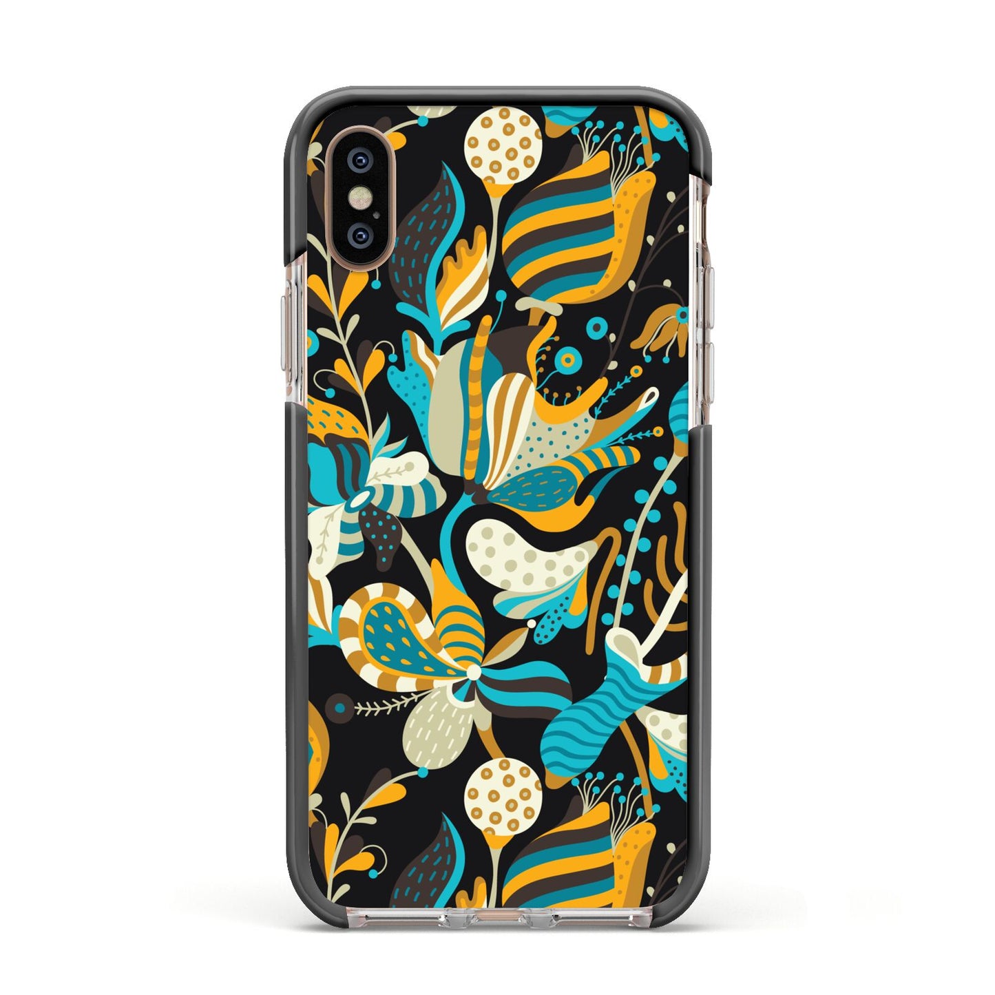 Colourful Floral Apple iPhone Xs Impact Case Black Edge on Gold Phone
