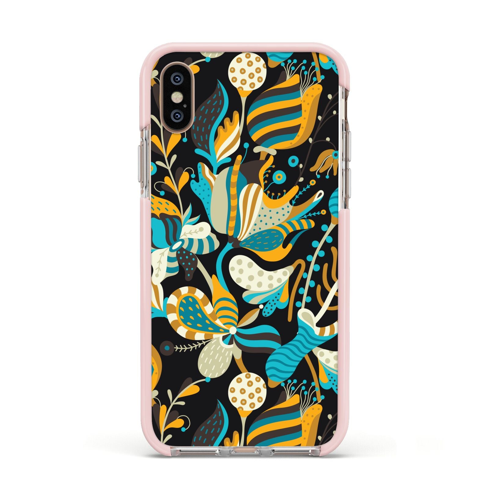 Colourful Floral Apple iPhone Xs Impact Case Pink Edge on Gold Phone