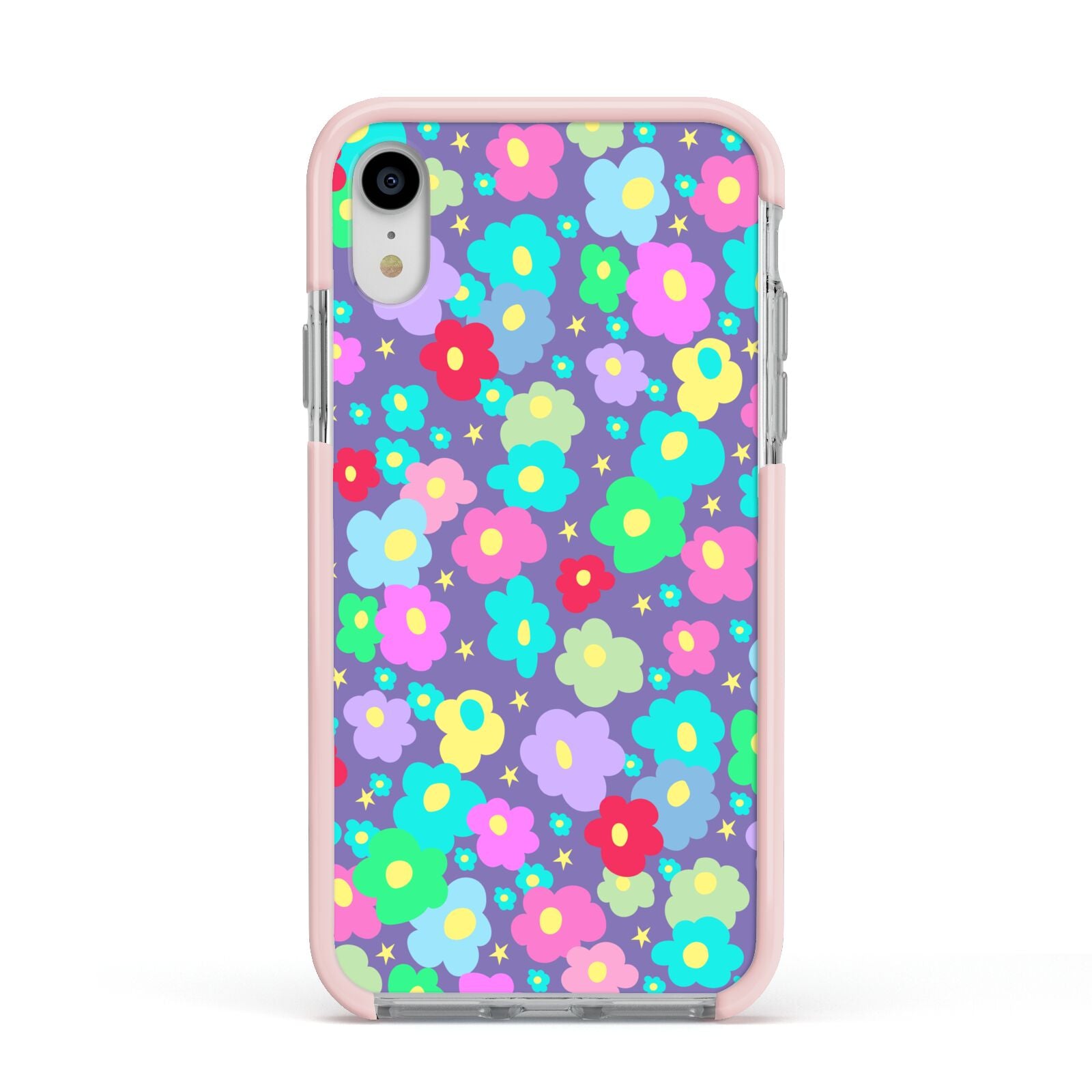 Colourful Flowers Apple iPhone XR Impact Case Pink Edge on Silver Phone
