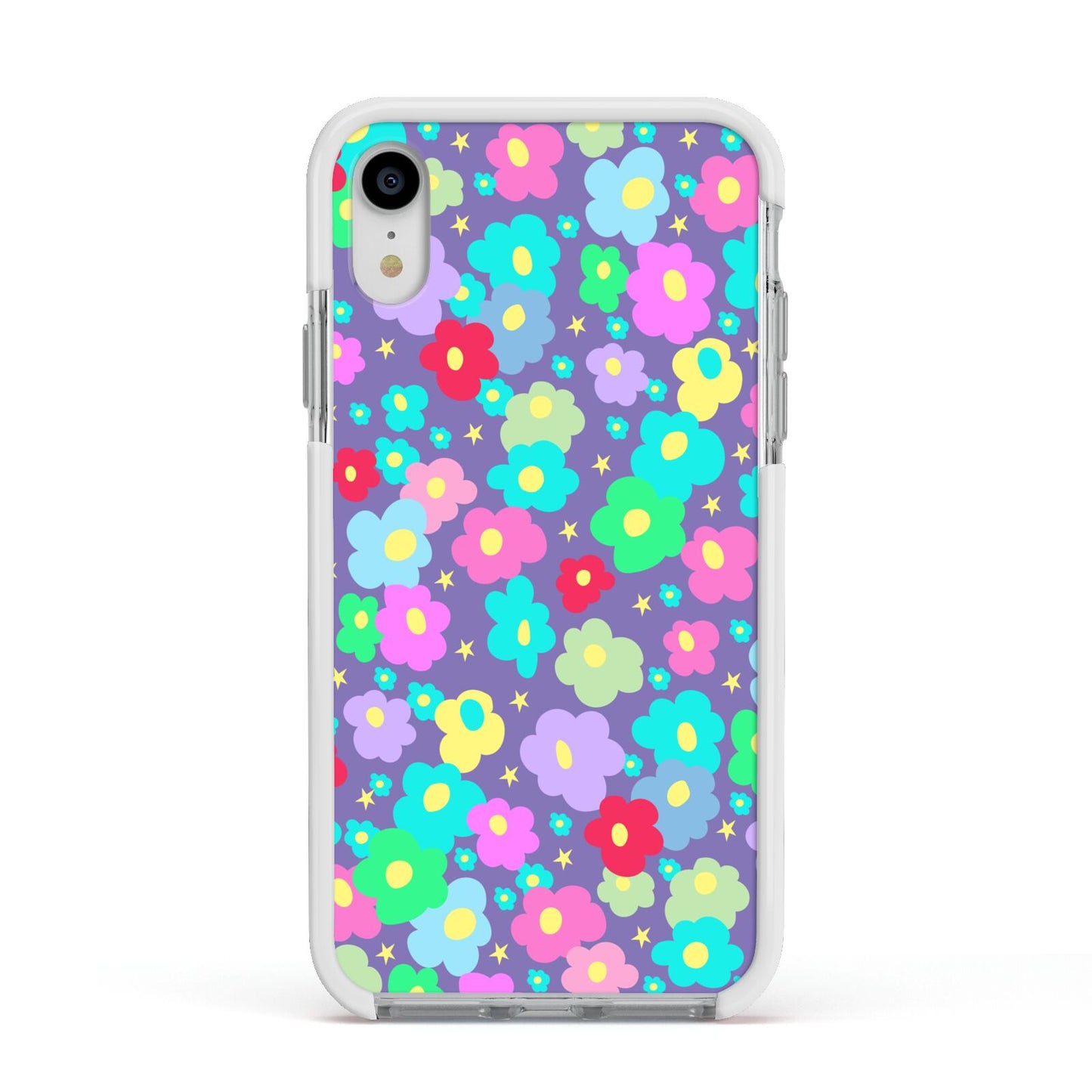 Colourful Flowers Apple iPhone XR Impact Case White Edge on Silver Phone