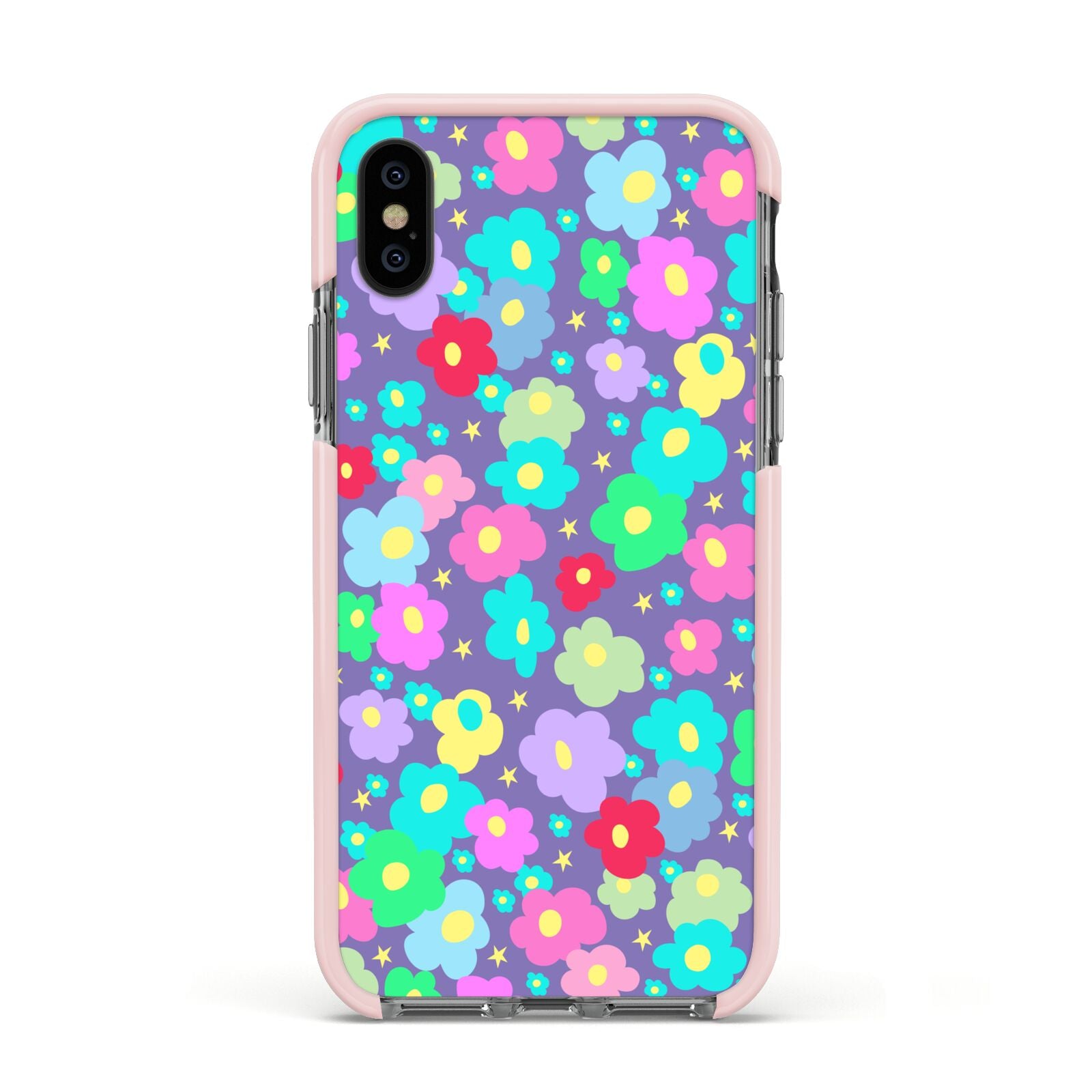 Colourful Flowers Apple iPhone Xs Impact Case Pink Edge on Black Phone