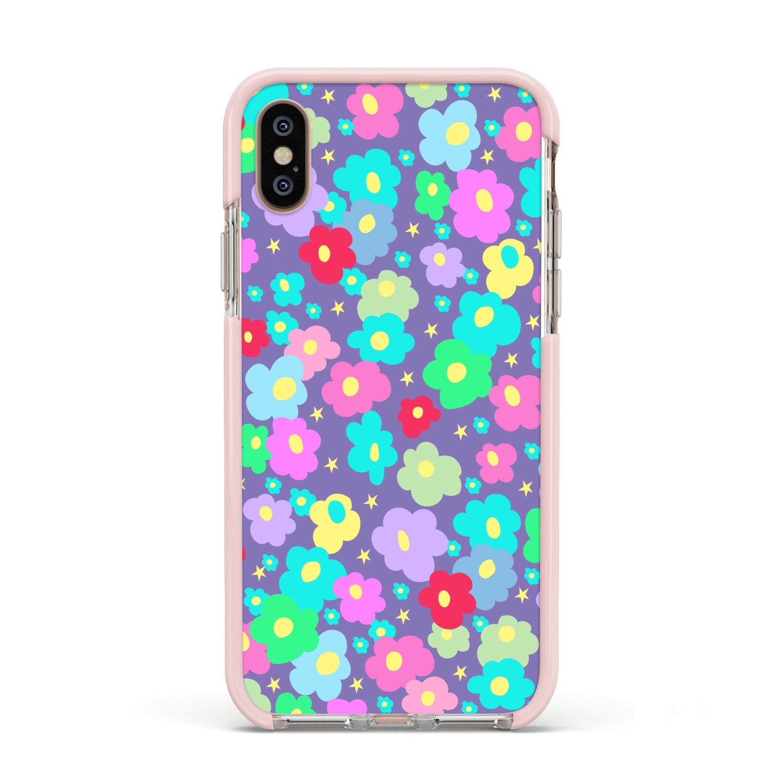Colourful Flowers Apple iPhone Xs Impact Case Pink Edge on Gold Phone