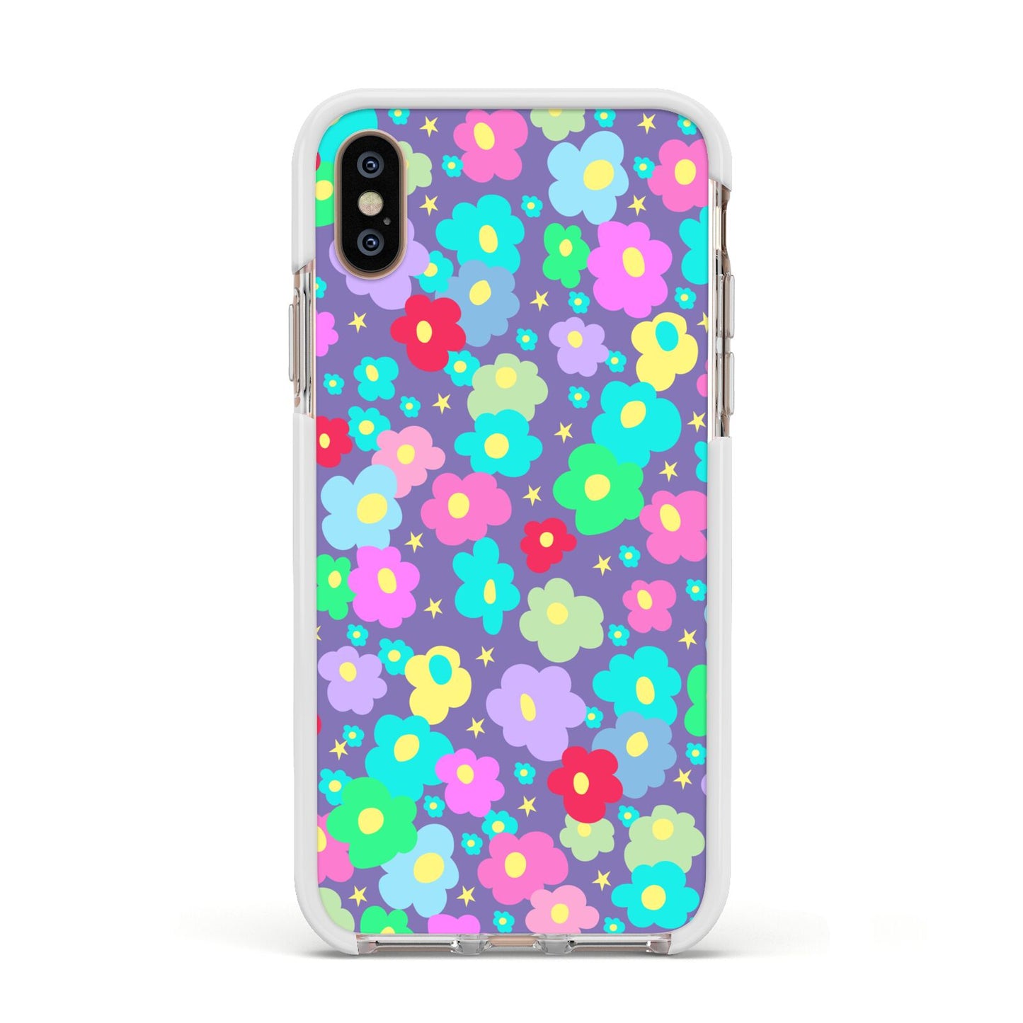 Colourful Flowers Apple iPhone Xs Impact Case White Edge on Gold Phone