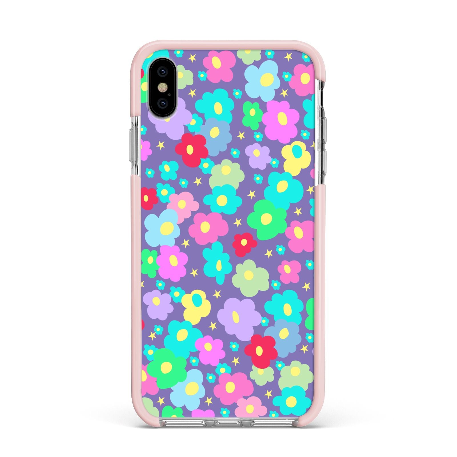 Colourful Flowers Apple iPhone Xs Max Impact Case Pink Edge on Silver Phone