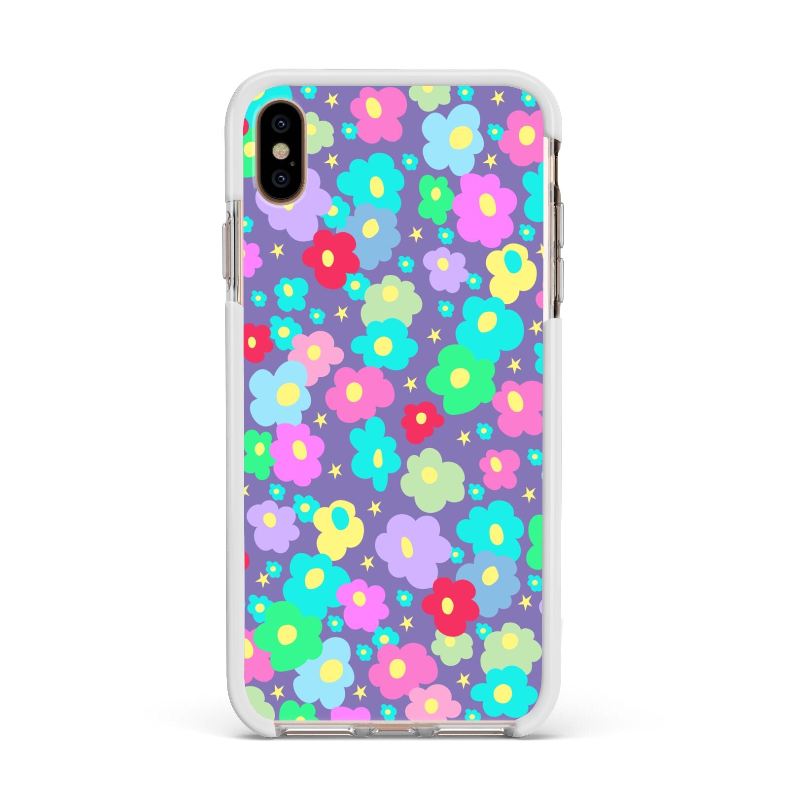 Colourful Flowers Apple iPhone Xs Max Impact Case White Edge on Gold Phone