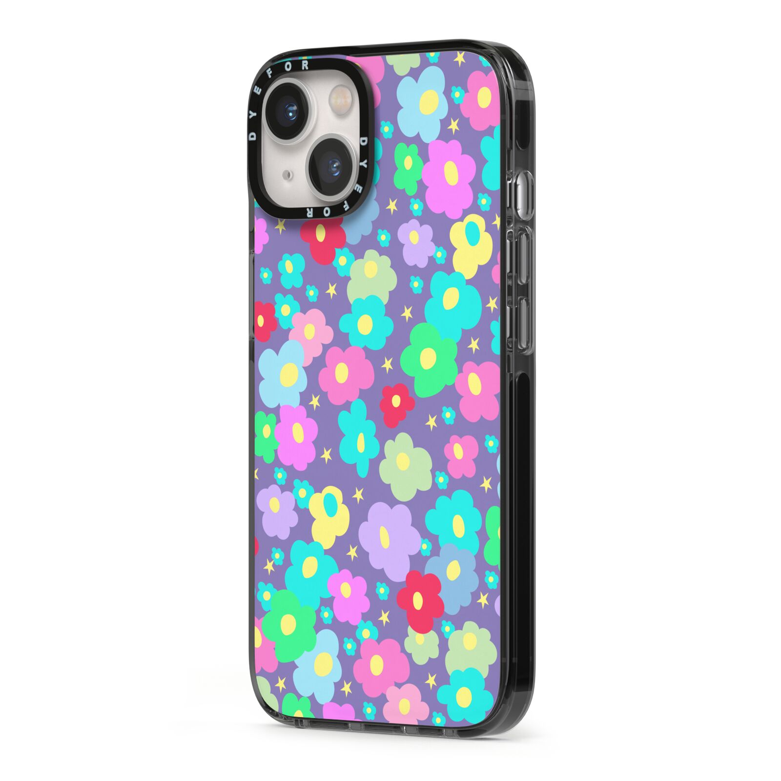 Colourful Flowers iPhone 13 Black Impact Case Side Angle on Silver phone